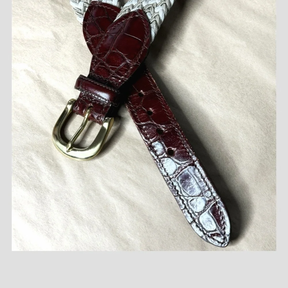 Crookhorn Belt Brown Croc Woven Braided Taupe Cream Brass Buckle Size 44